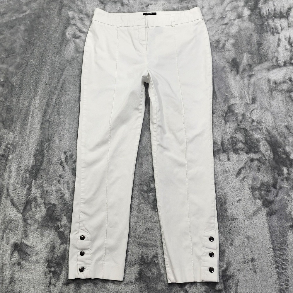 Style&Co Pants Womens 12 White Mid Rise Crop Ankle Front Seam Button Hem Stretch